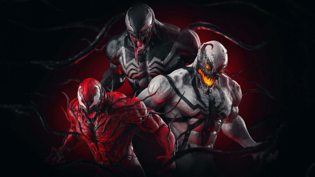 Venom and Carnage fierce transformations symbiote textures black red digital art wallpaper background