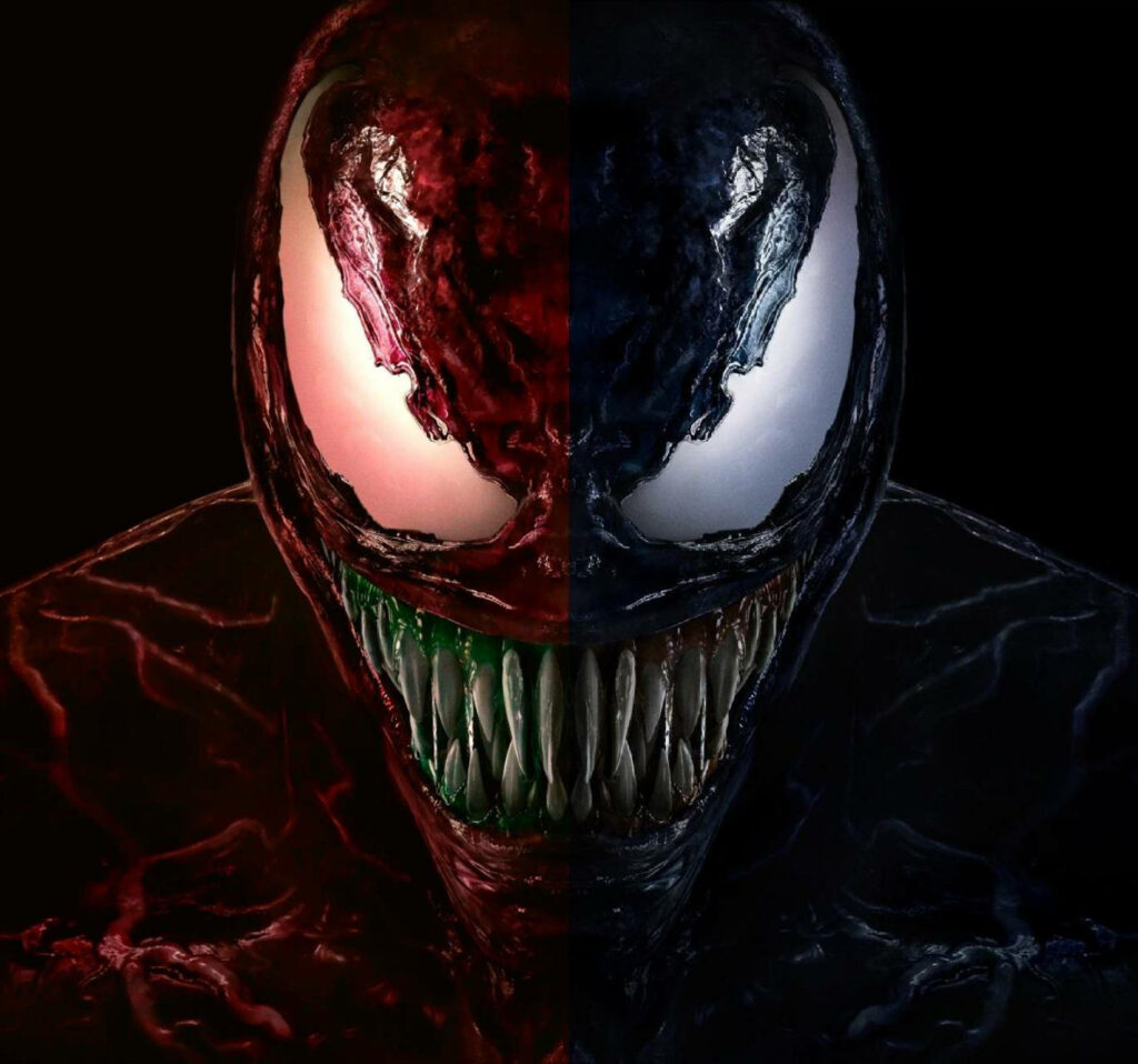 Venom and Carnage split face wallpaper with fierce expressions and sharp teeth detail