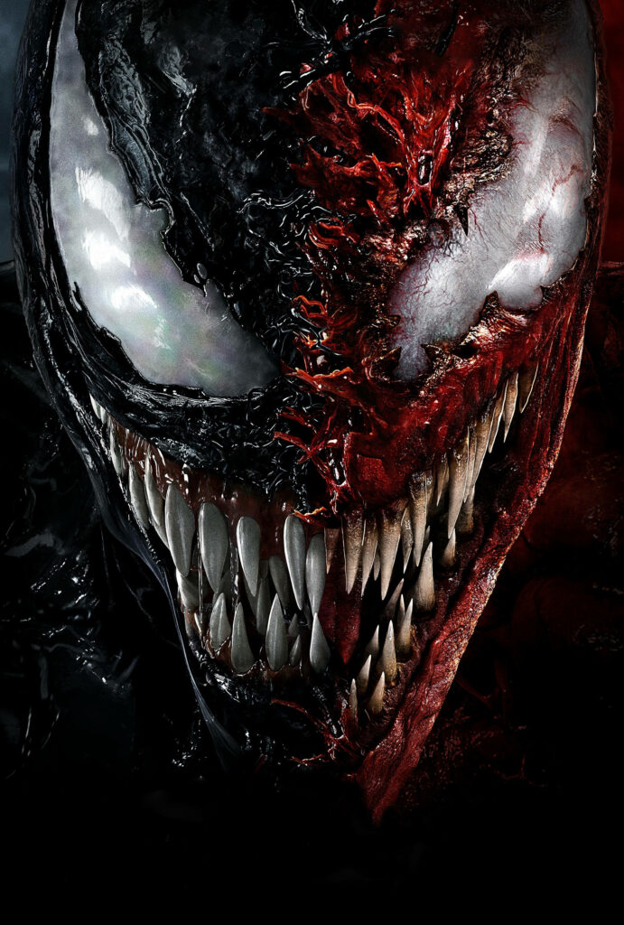Venom and Carnage split design wallpaper showing menacing grins and sharp teeth contrast