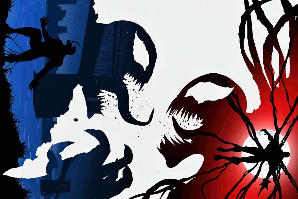 Venom and Carnage 4K wallpaper bold blue and red silhouettes intense dramatic face-off background