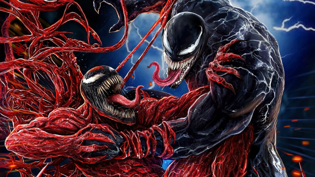 Venom overpowering Carnage in dynamic comic art battle with vivid reds and dark electrifying background Wallpaper