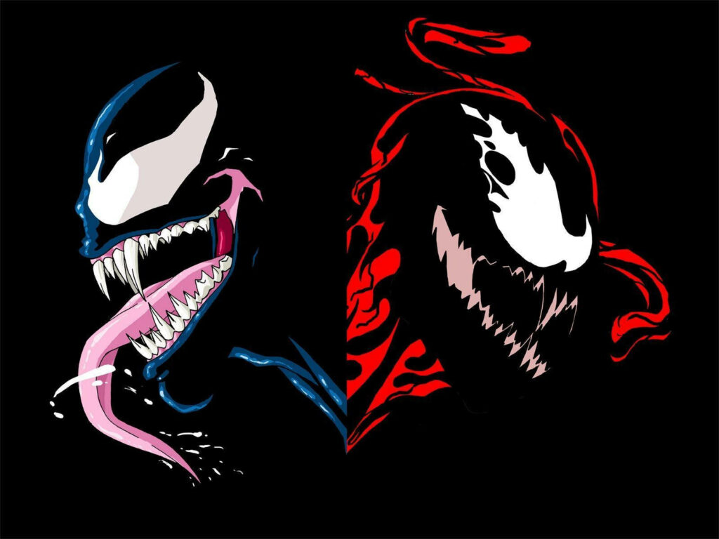 Venom and Carnage vector art wallpaper with menacing expressions and sharp teeth dramatic style