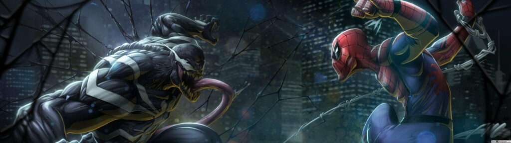 Venom vs Spider-Man intense battle Marvel city skyline dual monitor HD wallpaper background
