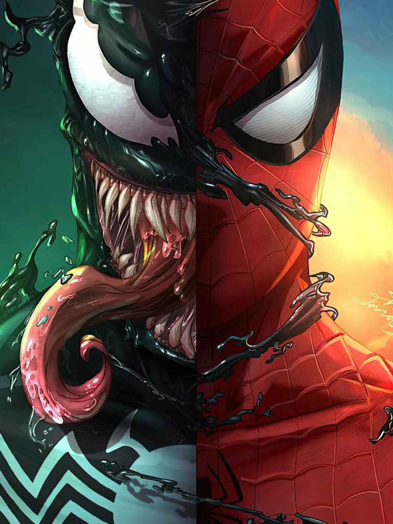 Venom and Spider-Man split-face HD wallpaper showing intense Marvel rivalry and contrast.