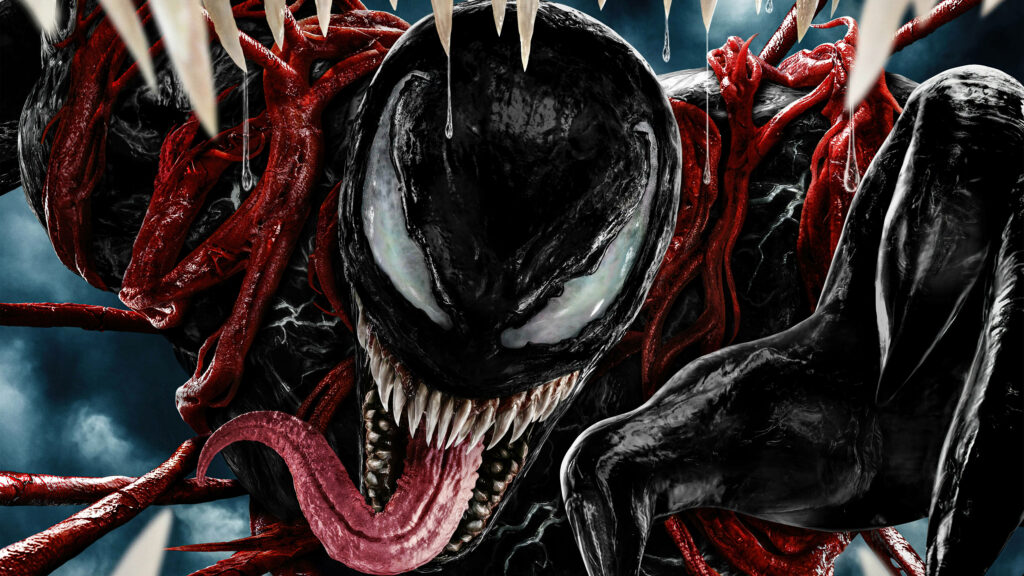 Intense Showdown: Venom Ensnared in Carnage's Deadly Grasp, Witnessed Through Carnage's Fierce Maw - Captivating 5k HD Marvel Artwork Wallpaper