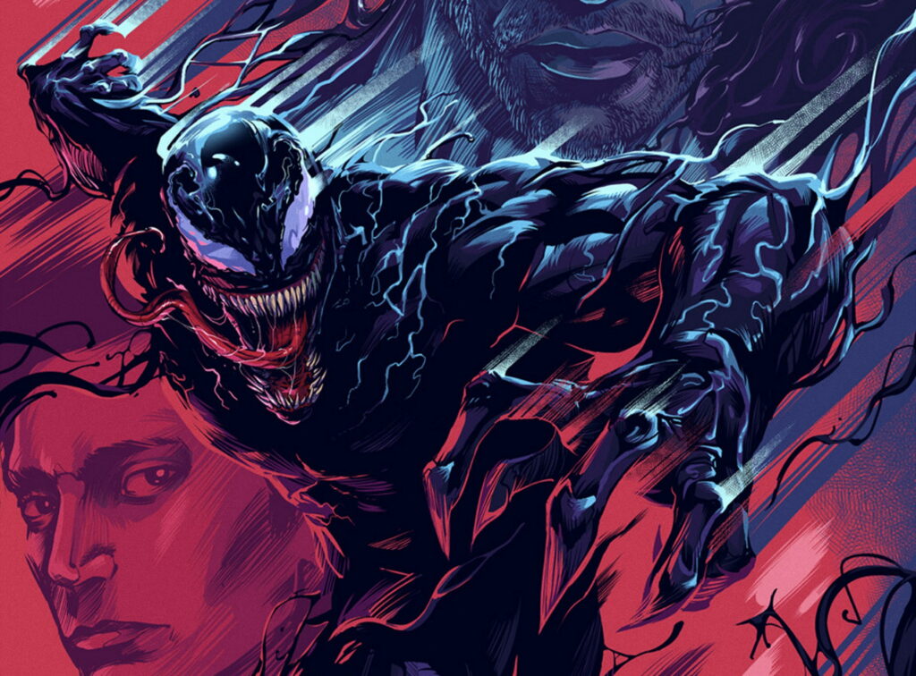 Marvel Comics Venom Transformation Artwork in Blue and Red Wallpaper