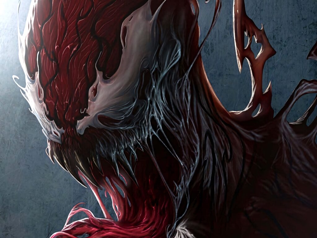 Venomous Carnage digital art wallpaper with sharp teeth red black tendrils dark chaotic background