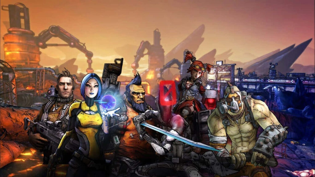 Borderlands 3 Wallpaper: Vault Hunters in Action - Cel-shaded Characters Against Dystopian Industrial Backdrop