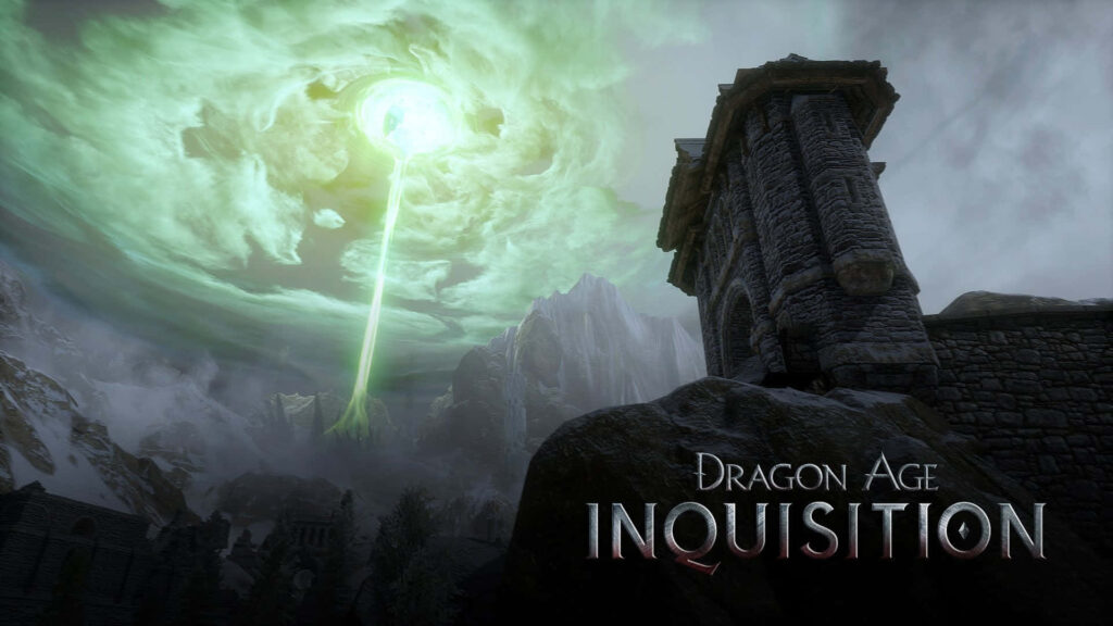 Explore the eerie landscape of Dragon Age: Inquisition, with a stone watchtower and green vortex in the background Wallpaper
