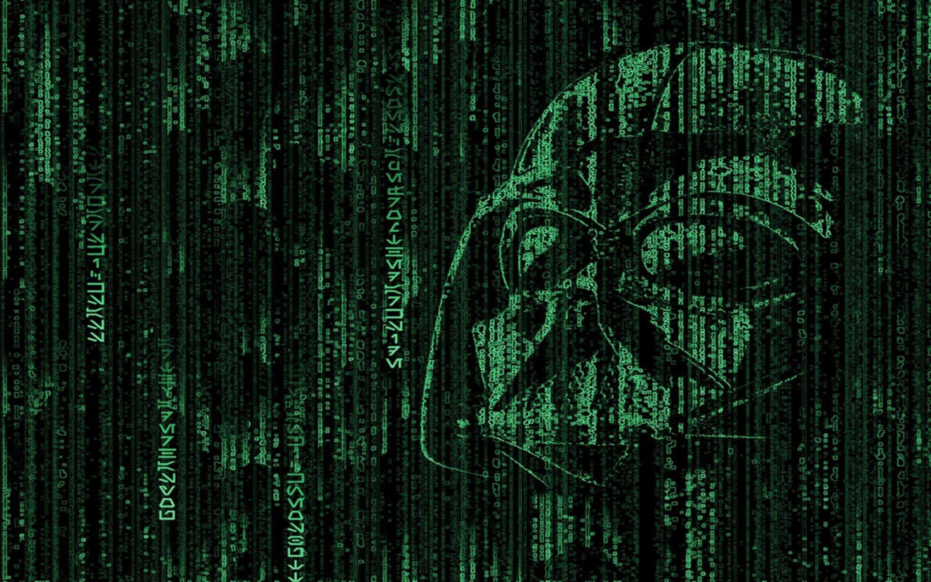 Matrix Reimagined: Darth Vader Surveys Futuristic Landscape Wallpaper