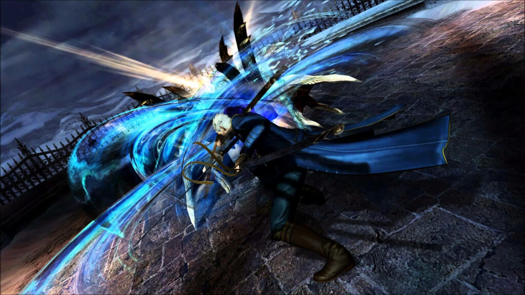 Vergil demon hunter Devil May Cry sword attack blue energy gothic battleground wallpaper