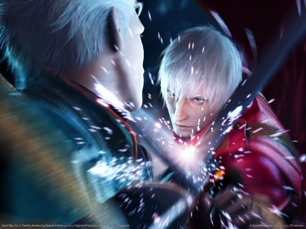 Vergil and Dante clash swords with intense eye contact in dynamic blue and red Devil May Cry wallpaper