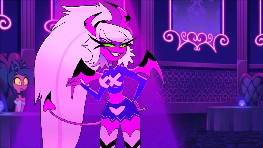 Verosika Mayday in neon purple club with confident smirk Helluva Boss wallpaper background
