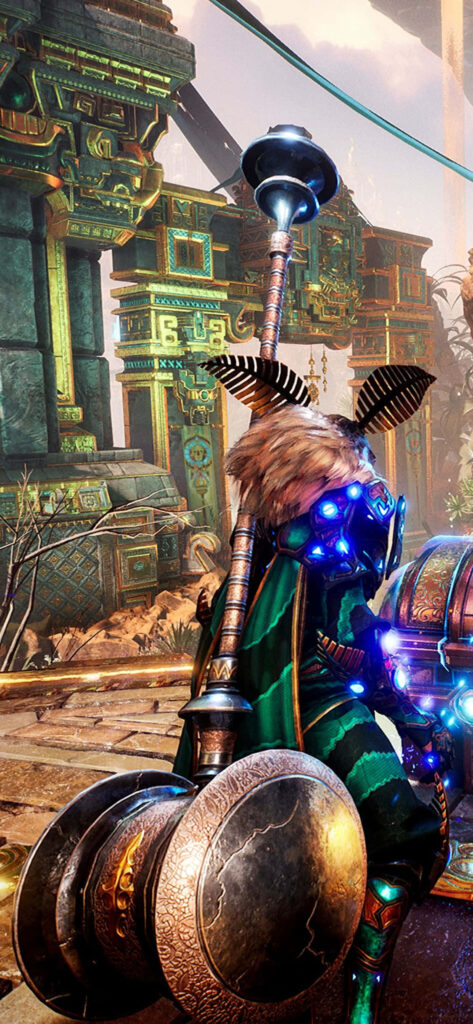 Solitary Warrior amidst the Enigmatic Ruins: Vertigo Beckons Wallpaper