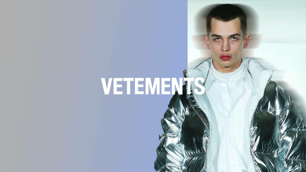 Vetements male model in metallic silver puffer jacket white shirt modern split-tone background Wallpaper