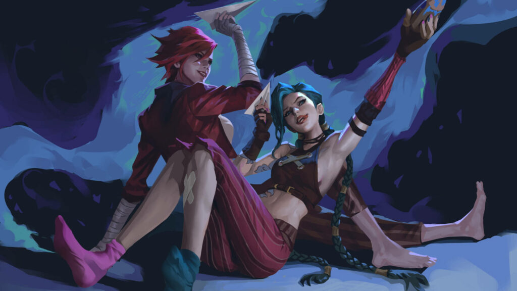 Vi and Jinx from Arcane sitting back-to-back smiling cheerful vibrant desktop wallpaper background