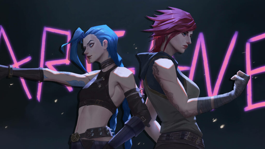 Vi and Jinx back to back Arcane wallpaper neon background intense sibling rivalry characters