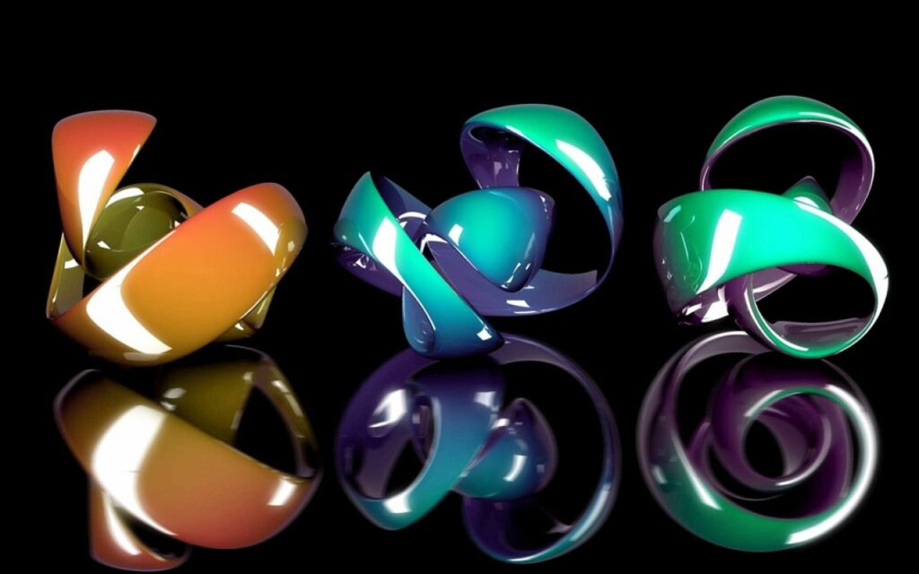 Vibrant Abstract Wallpaper with Metallic Shapes on Glossy Black Background