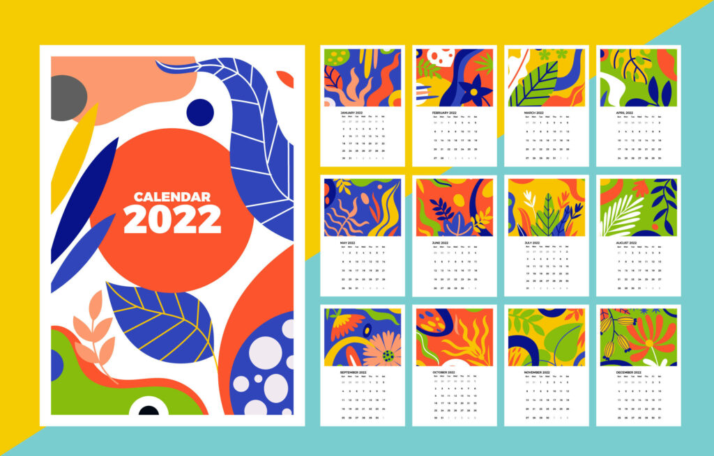 2022 calendar wallpaper with bold abstract shapes and vivid blue orange green yellow botanical patterns