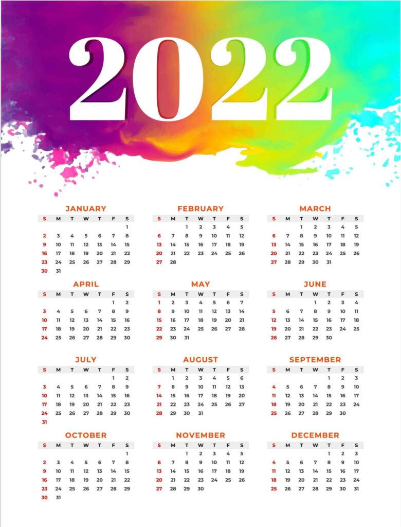 2022 calendar wallpaper with vibrant rainbow splash background and clean minimalist monthly grids