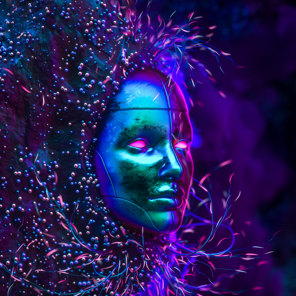 Vibrant Neon Mask Wallpaper: Intricate Glitter & Whimsical Design