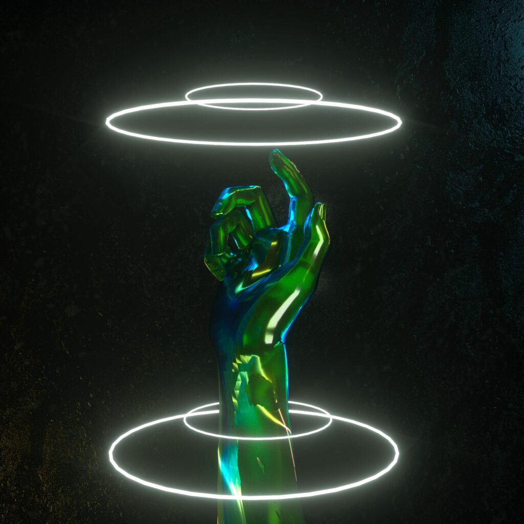 Futuristic 3D Hand Wallpaper with Neon Glow & Illuminated Rings