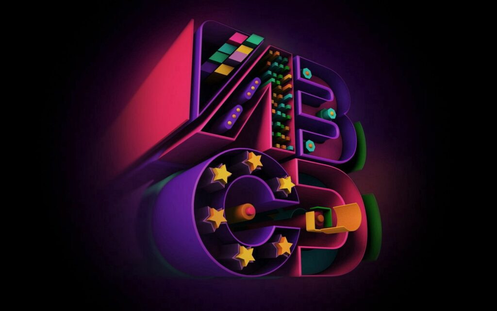 Neon 3D ABCD Letters Wallpaper with Abstract Elements - 1680x1050