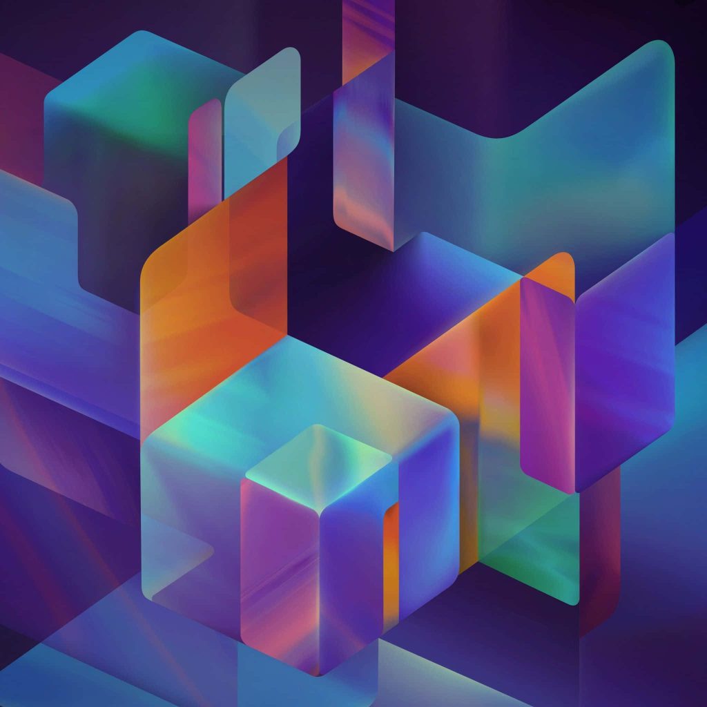 Abstract digital wallpaper with translucent geometric cubes glowing in blue purple and orange gradients