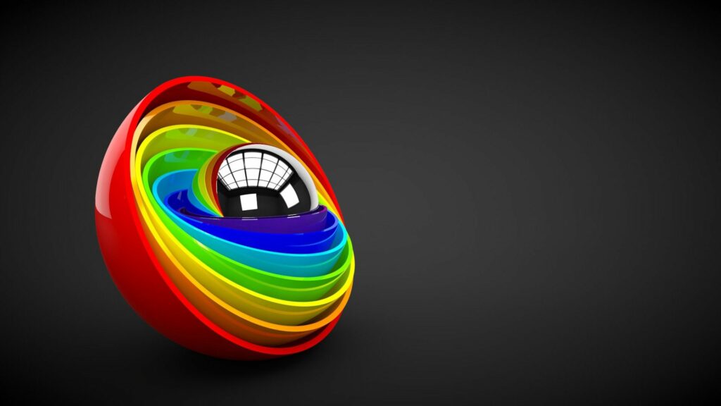 Vibrant 3D Abstract Wallpaper: Glossy Sphere & Rainbow Spiral Design