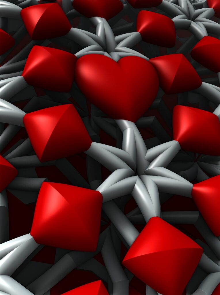 Vibrant 3D Abstract Wallpaper: Red Shapes & Silver Tubes Design