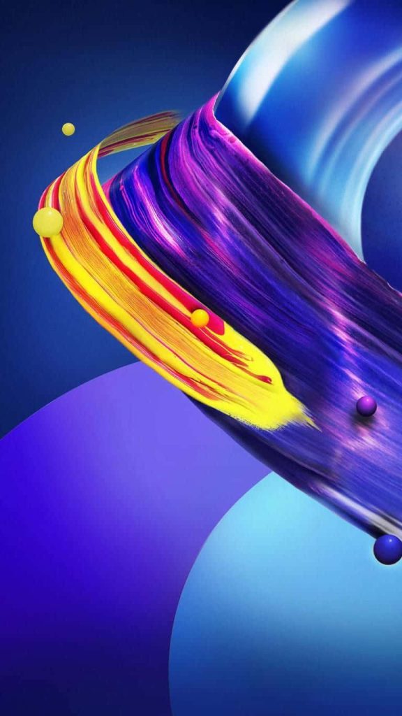 3D abstract wallpaper with vibrant yellow orange purple fluid ribbons and glossy floating spheres on deep blue background