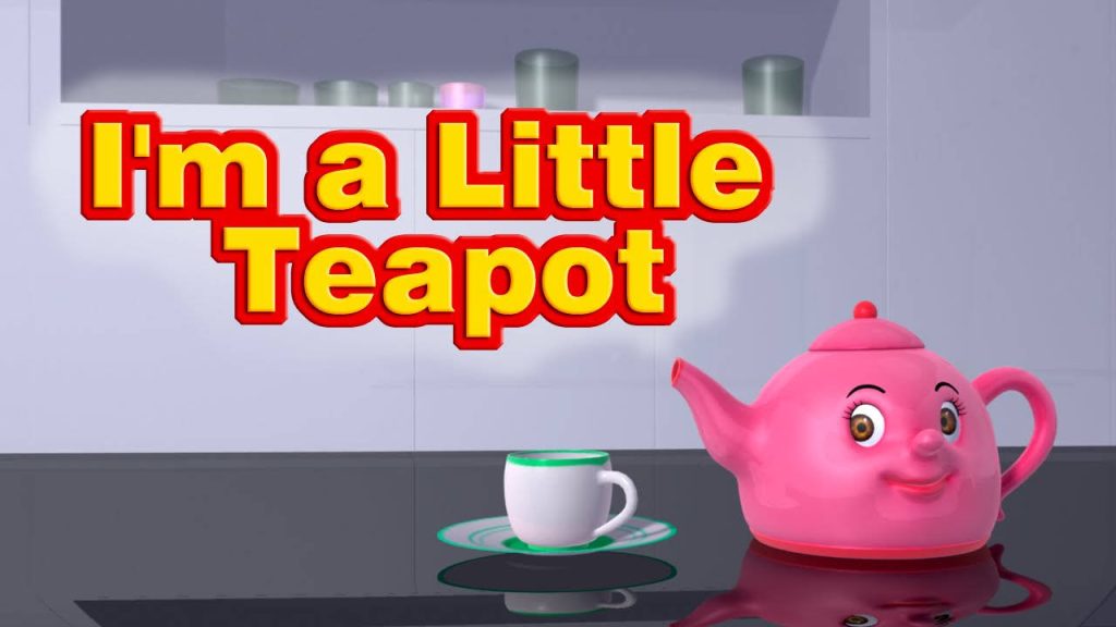 3D animated pink teapot and teacup wallpaper bright nursery rhyme child-friendly kitchen background
