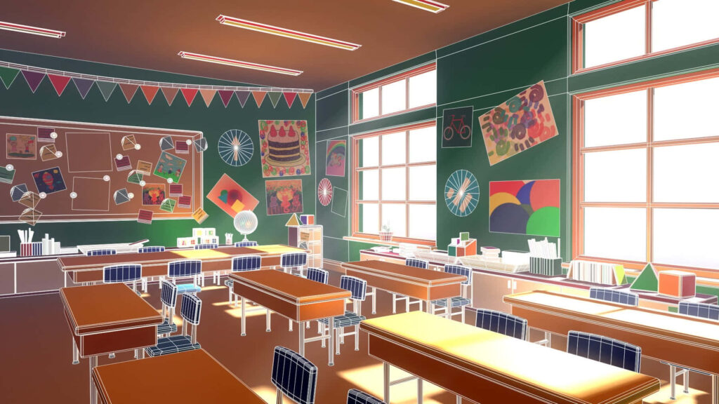 Colorful 3D Cartoon Classroom Wallpaper - Bright Learning Space