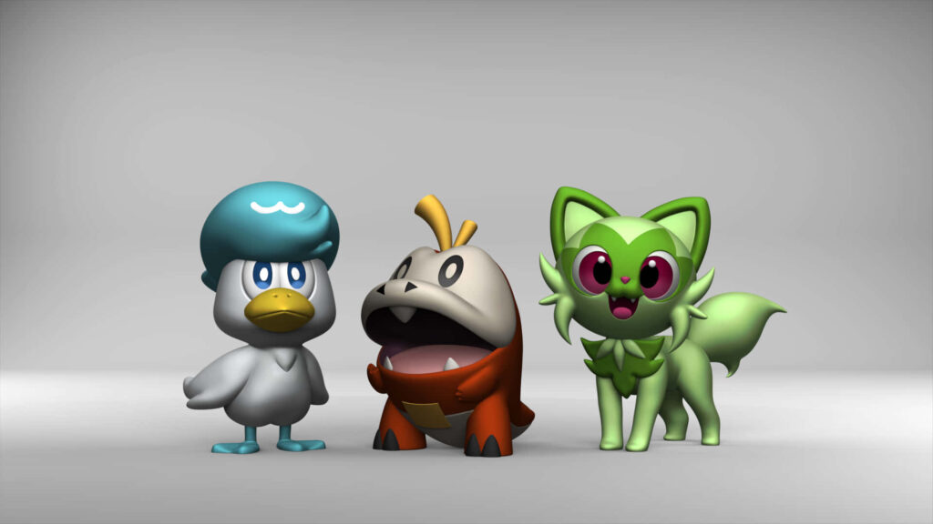 Vibrant 3D Characters Quaxly, Fuecoco & Sprigatito on White Background Wallpaper