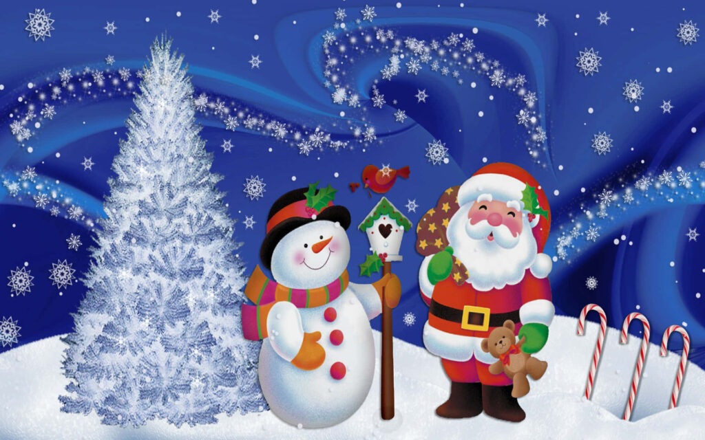 Vibrant 3D Christmas Wallpaper: Snowman & Santa Under Starry Sky