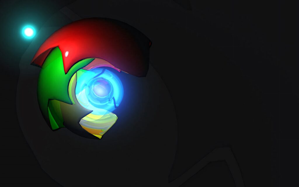 3D Chrome logo wallpaper with vibrant green red yellow blue segments on dark tech background