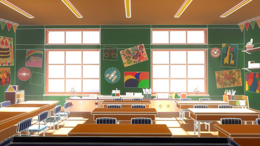 Bright 3D Classroom Wallpaper with Sunlight and Colorful Art Decor