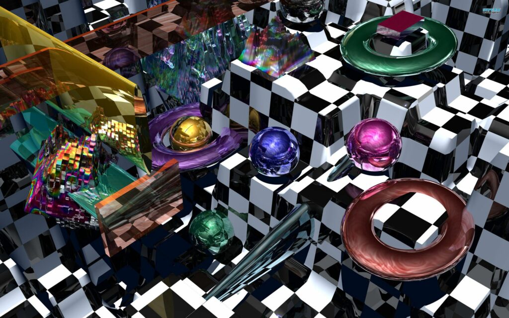 Vibrant 3D Colorful Spheres on Checkered Background - High Res Wallpaper