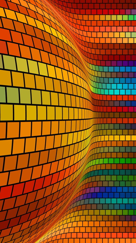 Vibrant 3D phone wallpaper with curved colorful square tiles creating rainbow gradient effect