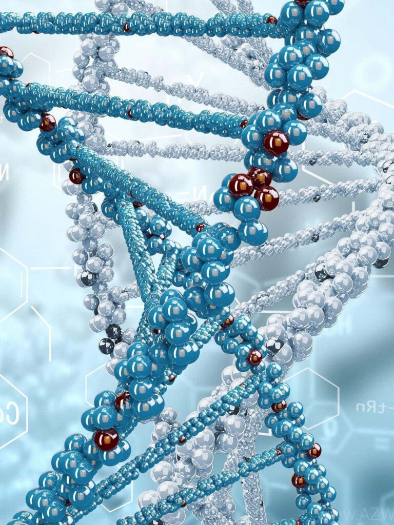 3D DNA strands wallpaper with blue silver molecules detailed genetic structure science background