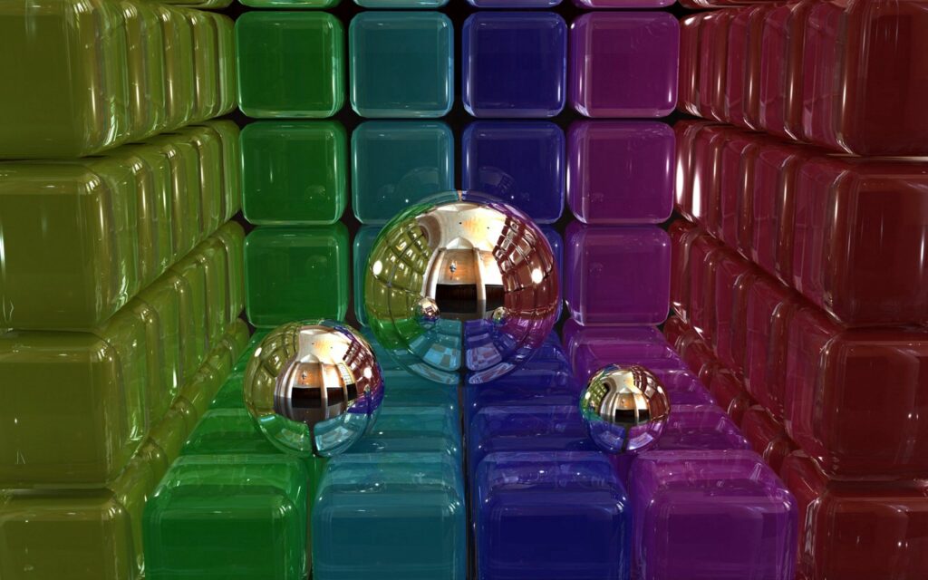 Vibrant 3D Art Wallpaper: Metallic Spheres & Colorful Gradient Cubes
