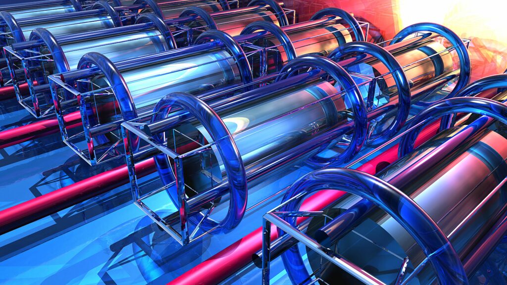 Vibrant 3D Digital Wallpaper: Blue & Red Cylinder Design Background