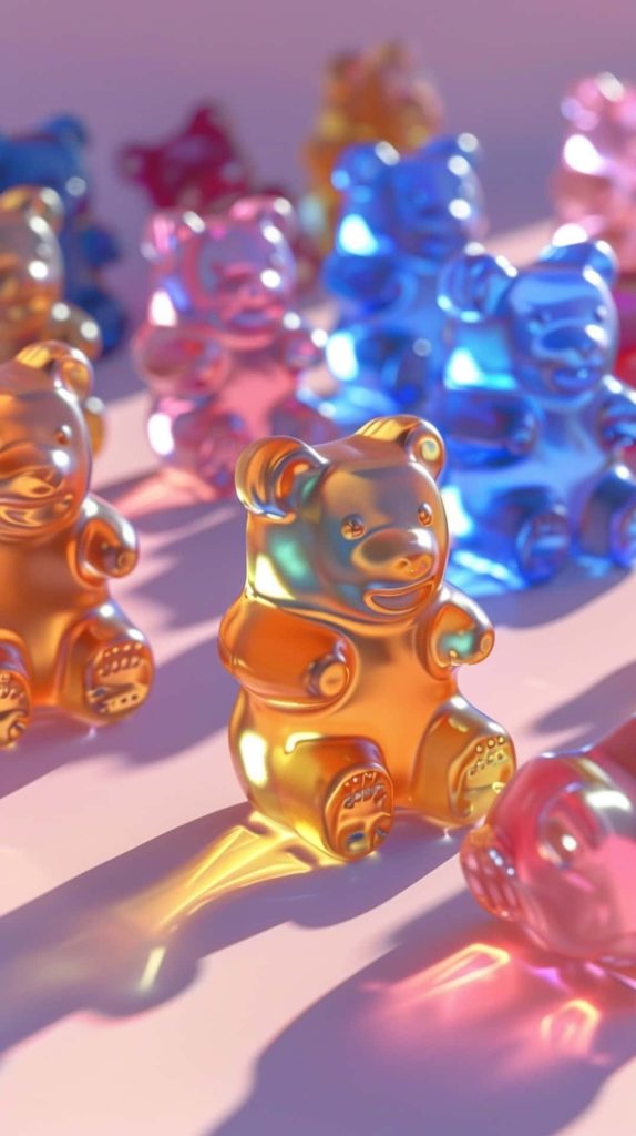 Vibrant 3D digital wallpaper with translucent colorful gummy bears glowing in warm sunlight