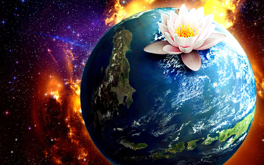 Stunning 3D Earth Wallpaper with Lotus Flower & Colorful Nebula