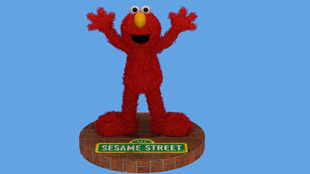 3D Elmo collectible on brick base with Sesame Street sign vibrant red cartoon wallpaper background