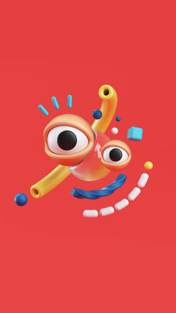 Cheerful Abstract 3D Face Wallpaper on Bright Red Background