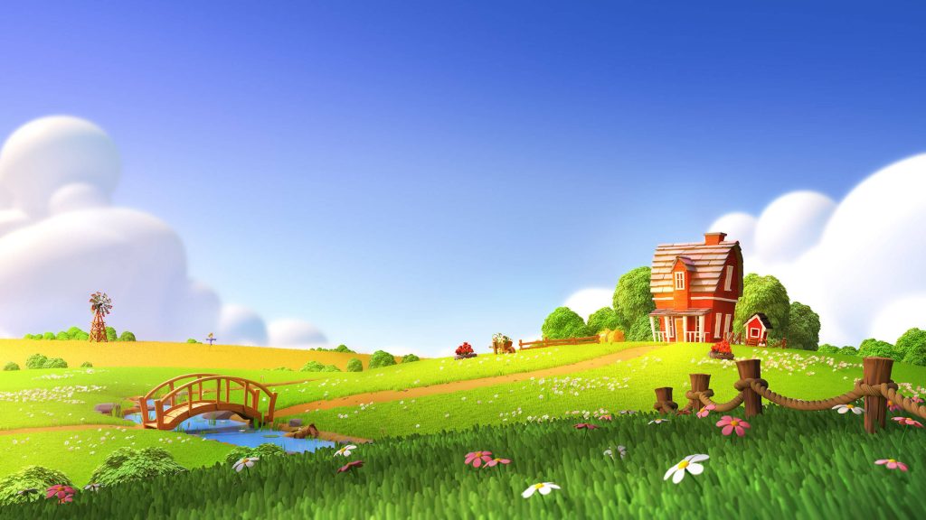 Vibrant 3D farm landscape with red farmhouse wooden bridge green hills and bright blue sky Wallpaper