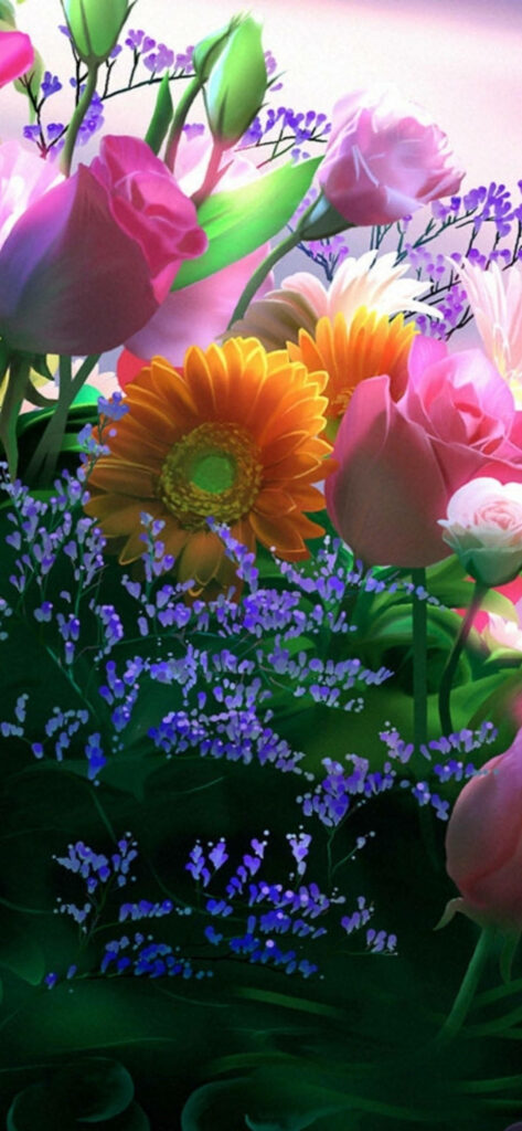 Vibrant 3D Flower Bouquet Phone Wallpaper with Sunflowers & Roses