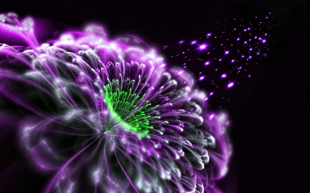 Vibrant 3D Flower Wallpaper: Purple & Green Bloom on Dark Background