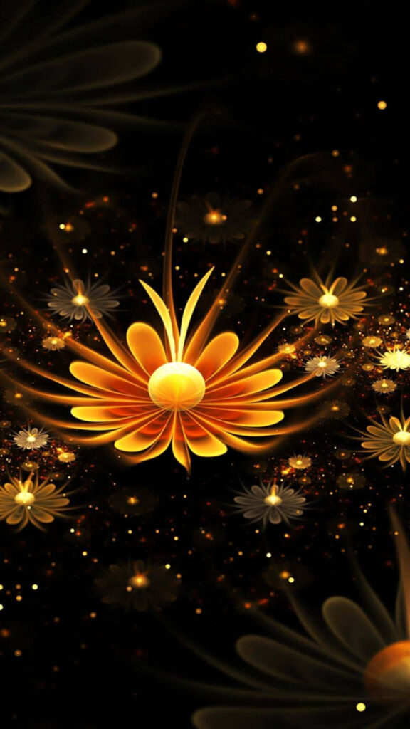 Vibrant 3D Flower Wallpaper: Glowing Orange & Yellow Against Starry Background